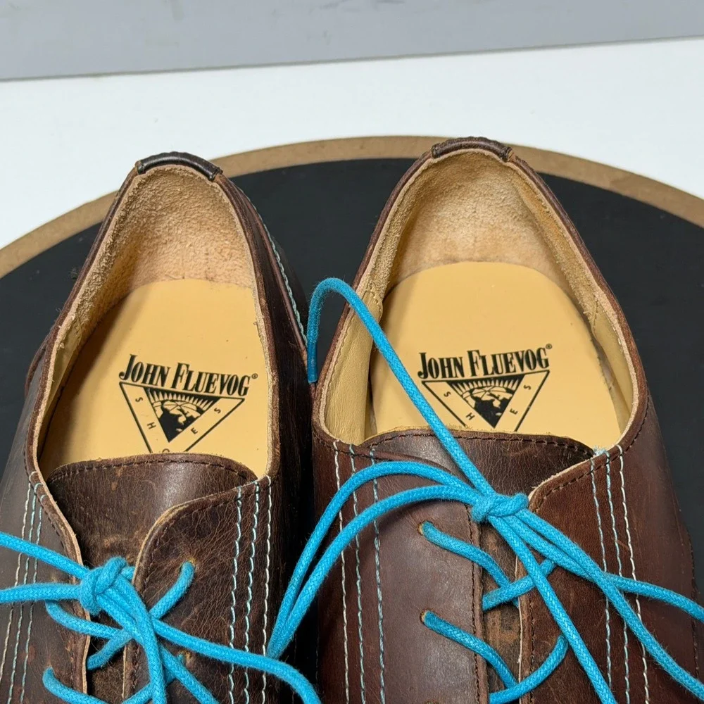 John Fluevog Cap‎ Toe Oxford Men Size 11 Leather Lace Up Brown Blue Minimalist